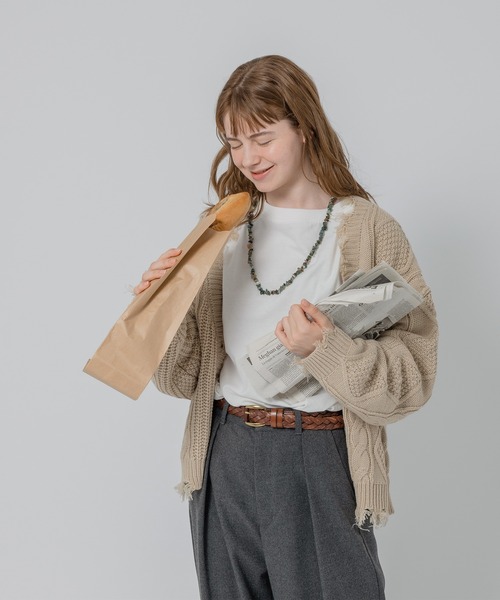 MUHET（ミュエータ）の「【3点セット】ショート丈ダメージニットカーディガン×ロンT×ネックレス（カーディガン/ボレロ・レディース・ベージュ/オレンジ/グリーン・FREE）」の8枚目の写真