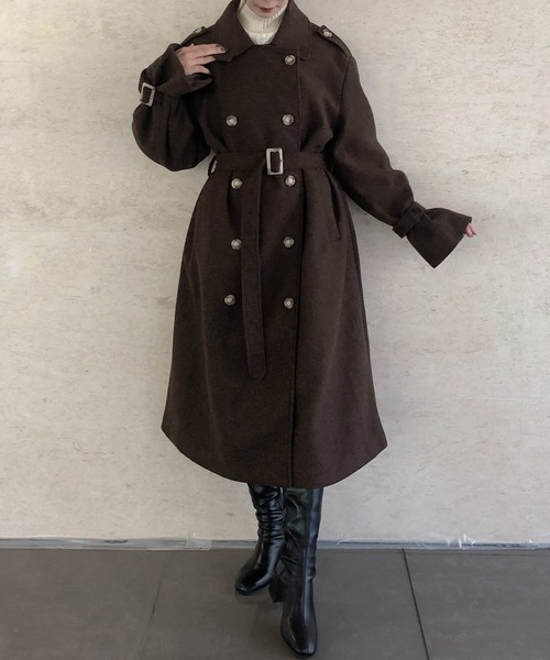 junoah(ジュノア)の「スリーブストラップダブルロングコート(ステンカラーコート・レディース・アイボリー/ブラウン/ネイビー/ベージュ/ブラック・MEDIUM/LARGE/X-LARGE)」の14枚目の写真