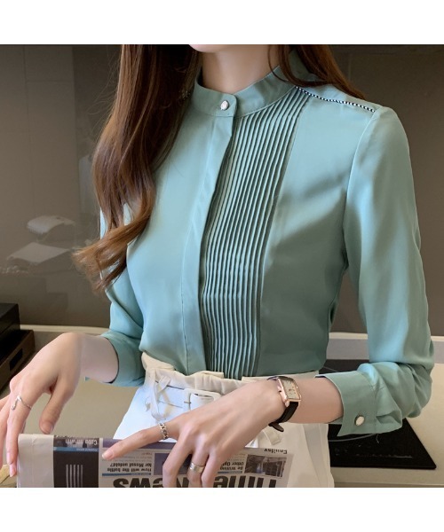 おしゃれスタ(オシャレスタ)の「通勤からデイリーにまで!プリーツシャツブラウス(シャツ/ブラウス・レディース・ホワイト/ブルー・S/M/L/XL)」の21枚目の写真