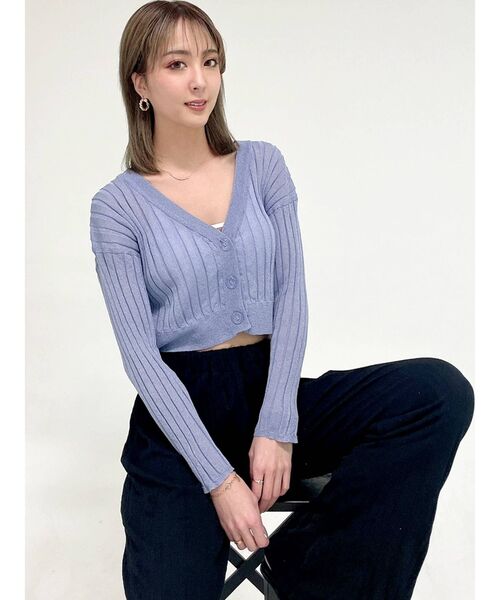 GYDA(ジェイダ)の「2WAY SHINY SHEER ワイドリブニット カーディガン(カーディガン/ボレロ・レディース・パープル/オフホワイト・FREE)」の1枚目の写真