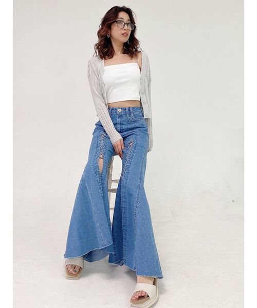GYDA(ジェイダ)の「2WAY SHINY SHEER ワイドリブニット カーディガン(カーディガン/ボレロ・レディース・パープル/オフホワイト・FREE)」の14枚目の写真
