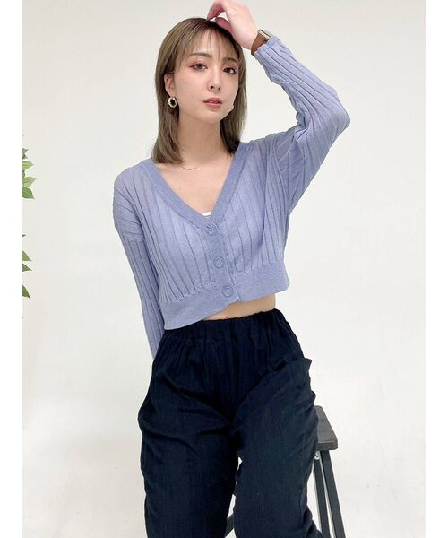GYDA(ジェイダ)の「2WAY SHINY SHEER ワイドリブニット カーディガン(カーディガン/ボレロ・レディース・パープル/オフホワイト・FREE)」の5枚目の写真