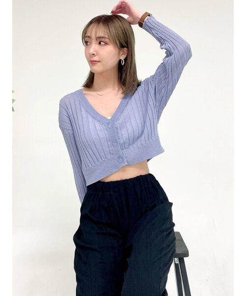 GYDA(ジェイダ)の「2WAY SHINY SHEER ワイドリブニット カーディガン(カーディガン/ボレロ・レディース・パープル/オフホワイト・FREE)」の3枚目の写真