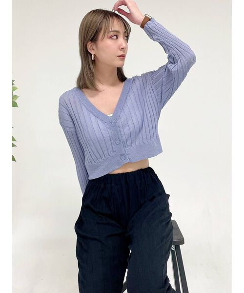 GYDA(ジェイダ)の「2WAY SHINY SHEER ワイドリブニット カーディガン(カーディガン/ボレロ・レディース・パープル/オフホワイト・FREE)」の7枚目の写真