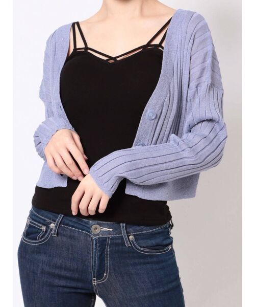 GYDA(ジェイダ)の「2WAY SHINY SHEER ワイドリブニット カーディガン(カーディガン/ボレロ・レディース・パープル/オフホワイト・FREE)」の11枚目の写真