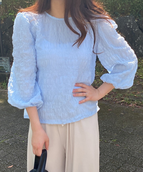 LAUIR（ラウアー）の「ランダムステッチブラウス（シャツ/ブラウス・レディース・ホワイト/ブラック/ピンク/イエロー/ブルー/ミント/ラベンダー/チャコール・MEDIUM/LARGE/X-LARGE）」の5枚目の写真