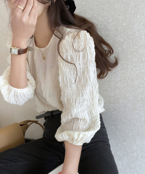 LAUIR（ラウアー）の「ランダムステッチブラウス（シャツ/ブラウス・レディース・ホワイト/ブラック/ピンク/イエロー/ブルー/ミント/ラベンダー/チャコール・MEDIUM/LARGE/X-LARGE）」の11枚目の写真