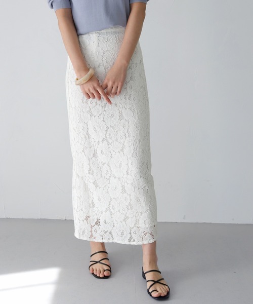 HER CLOSET（ハークローゼット）の「【twenty three】ケミカルレースナロータイトスカート（スカート・レディース・オフホワイト/ブルー/ピンクベージュ・FREE）」の2枚目の写真