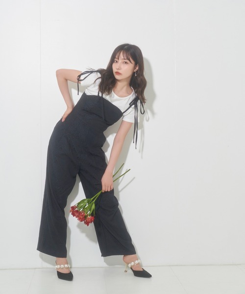 ANDGEEBEE（アンジービー）の「ジャガードリボンロンパース（ワンピース・レディース・ベージュ/ブラック・MEDIUM）」の5枚目の写真