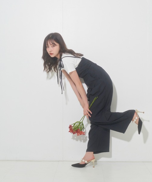 ANDGEEBEE（アンジービー）の「ジャガードリボンロンパース（ワンピース・レディース・ベージュ/ブラック・MEDIUM）」の6枚目の写真