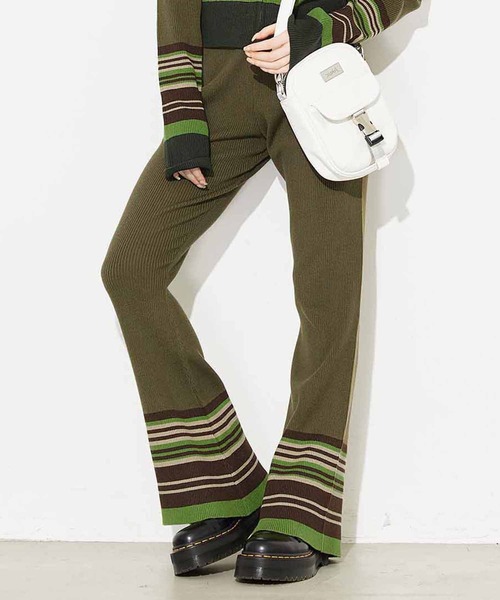 X-girl（エックスガール）の「PARTIAL STRIPE KNIT PANTS（その他パンツ・レディース・ブラック/ベージュ/グリーン・ONE SIZE）」の3枚目の写真