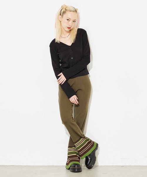 X-girl（エックスガール）の「PARTIAL STRIPE KNIT PANTS（その他パンツ・レディース・ブラック/ベージュ/グリーン・ONE SIZE）」の16枚目の写真