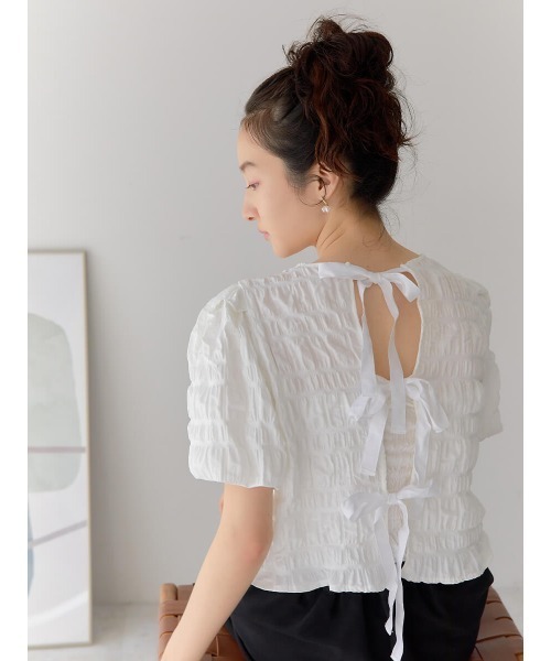 Ayla（アイラ）の「back ribbon waffle tops（シャツ/ブラウス・レディース・アイボリー/ブラック・FREE）」の5枚目の写真