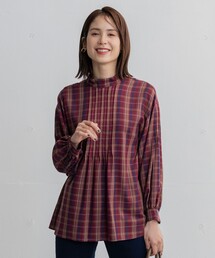 【洗える】ピンタックチェックブラウス