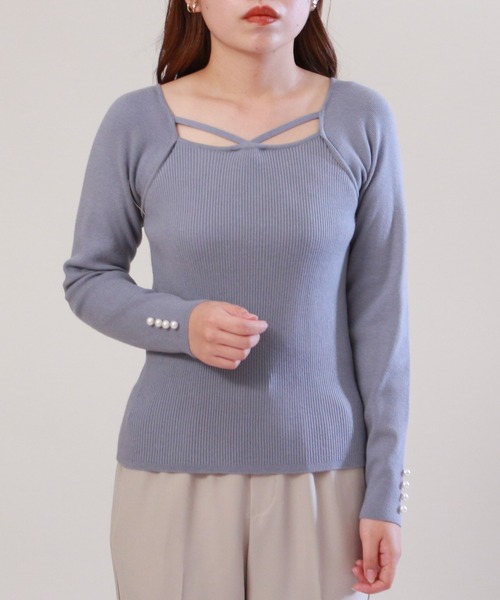 ASTORIA ODIER(アストリアオディール)の「袖口パールネッククロスリブニット(ニット/セーター・レディース・ブラック/ホワイト/ピンク/ブラウン/ダークブルー・MEDIUM)」の6枚目の写真