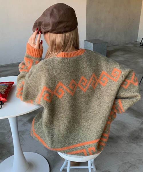 しょうゆ様【ヨーロッパ古着】デザインウールジャケット プルオーバー ニット ジャカードニットプルオーバー＜marie Claire SPORT