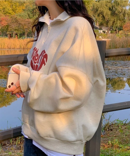 SONA(ソナ)の「SONYUNARA ハートレタリングハーフジップアップ起毛トレーナー(スウェット・レディース・オートミール/ブラック・FREE)」の9枚目の写真