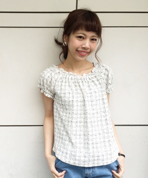 Kastane（カスタネ）の「【Kastane】ウインドーペンプリントトップス（Tシャツ/カットソー・レディース・オフホワイト/グレー/ネイビー・FREE）」の2枚目の写真