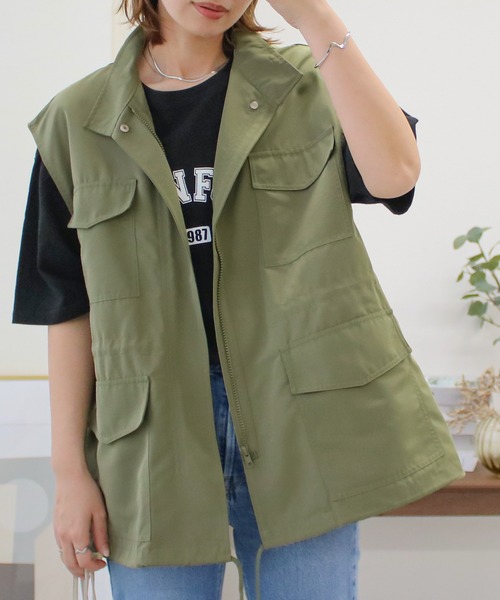 Social GIRL（ソーシャルガール）の「スタンドカラーポケットフィシングベスト（ベスト・レディース・ブラック/アイボリー/カーキ・M）」の4枚目の写真