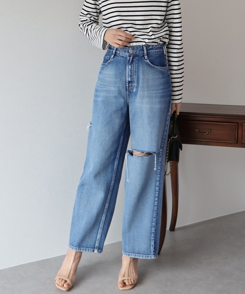 BLUEEAST（ブルーイースト）の「サイドスリットダメージデニムパンツ（デニムパンツ・レディース・ネイビー系・MEDIUM/LARGE）」の2枚目の写真