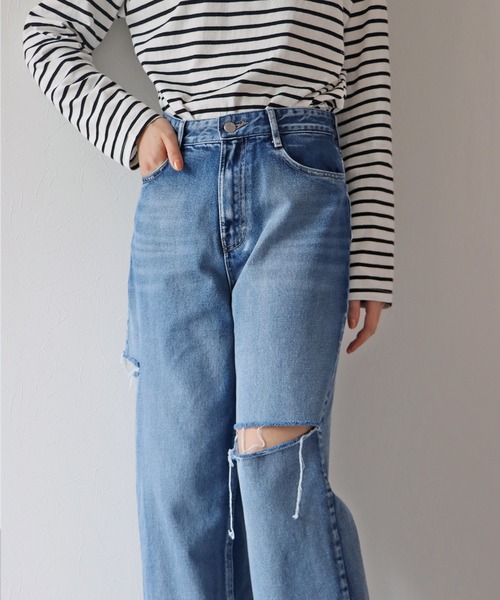 BLUEEAST（ブルーイースト）の「サイドスリットダメージデニムパンツ（デニムパンツ・レディース・ネイビー系・MEDIUM/LARGE）」の5枚目の写真
