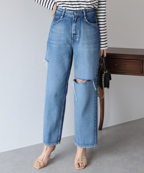 BLUEEAST（ブルーイースト）の「サイドスリットダメージデニムパンツ（デニムパンツ・レディース・ネイビー系・MEDIUM/LARGE）」の6枚目の写真