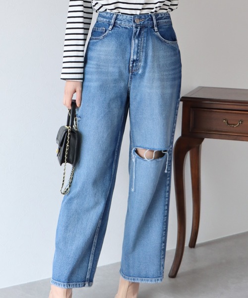 BLUEEAST（ブルーイースト）の「サイドスリットダメージデニムパンツ（デニムパンツ・レディース・ネイビー系・MEDIUM/LARGE）」の7枚目の写真