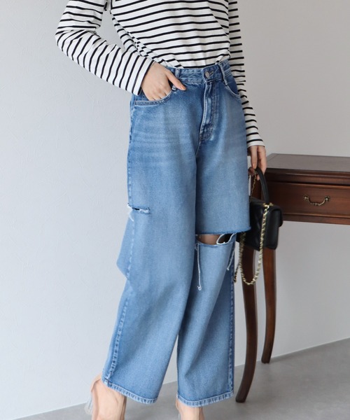 BLUEEAST（ブルーイースト）の「サイドスリットダメージデニムパンツ（デニムパンツ・レディース・ネイビー系・MEDIUM/LARGE）」の9枚目の写真