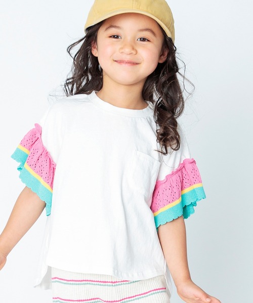 BREEZE（ブリーズ）の「ラインニットフリルTシャツ（Tシャツ/カットソー・キッズ・チャコール/オフホワイト/オレンジ・120/110/80/90/130/100/140）」の5枚目の写真
