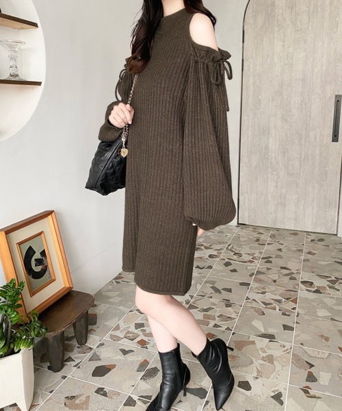 セール】袖リボンショルダースリットニットワンピース（ワンピース