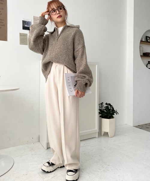 moment+（モーメントプラス）の「メランジ衿付ハーフジップニットプル