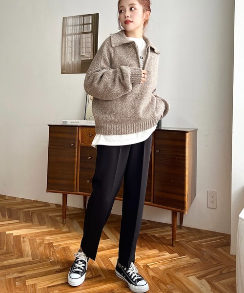 moment+（モーメントプラス）の「メランジ衿付ハーフジップニットプル
