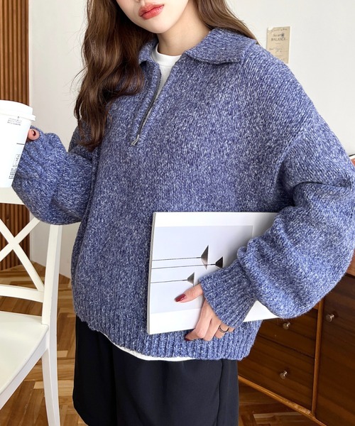 moment+（モーメントプラス）の「メランジ衿付ハーフジップニットプル