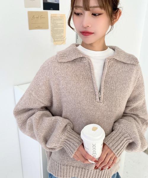 moment+（モーメントプラス）の「メランジ衿付ハーフジップニットプル