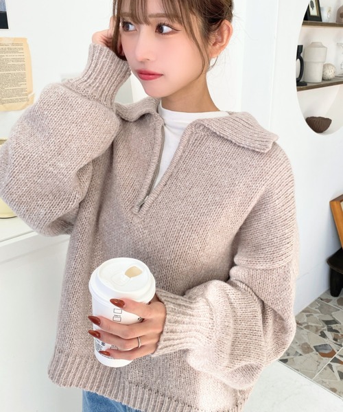 moment+（モーメントプラス）の「メランジ衿付ハーフジップニットプル