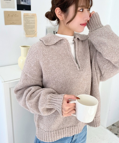 moment+（モーメントプラス）の「メランジ衿付ハーフジップニットプル