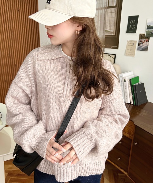 moment+（モーメントプラス）の「メランジ衿付ハーフジップニットプル