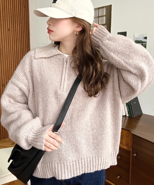 moment+（モーメントプラス）の「メランジ衿付ハーフジップニットプル