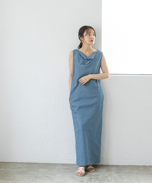 ノーブル 麻リネンライクバックドレープワンピース 2023SS 定価2.9千円 ノーブル 麻リネンライクバックドレープワンピース 2023SS 定価