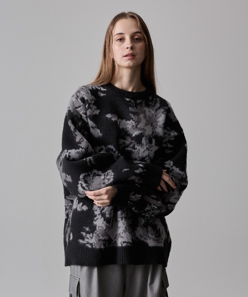 CLEL】Loose Floral Jacquard Shaggy Knit/ルーズ花柄ジャガード