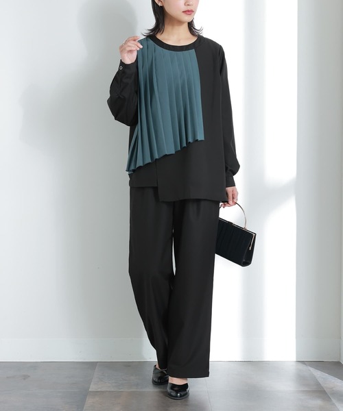 『異素材プリーツデザインセットアップ』（パンツドレス）｜kOhAKU（コハク）