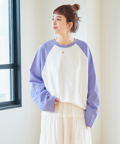 B.C STOCK(ベーセーストック)の「【Gleamy/グリーミー】ラグランロンT(Tシャツ/カットソー・レディース・ネイビー/パープル・FREE)」の9枚目の写真