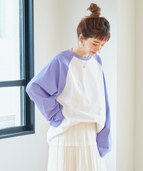 B.C STOCK(ベーセーストック)の「【Gleamy/グリーミー】ラグランロンT(Tシャツ/カットソー・レディース・ネイビー/パープル・FREE)」の12枚目の写真