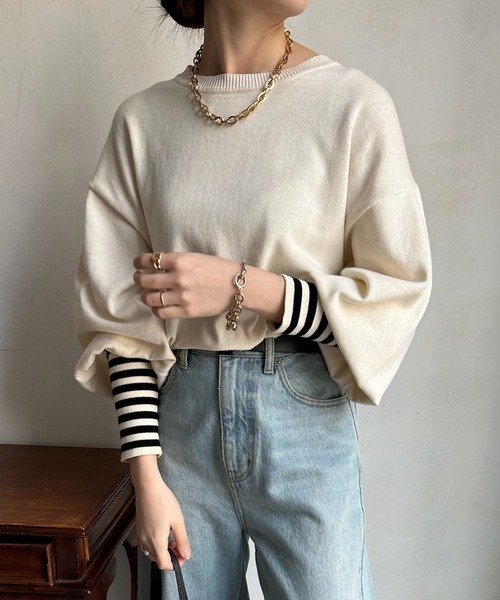DouDou(ドゥドゥ)の「【WEB限定】 袖ボーダーパフスリーブニット(ニット/セーター・レディース・ブラック/オフホワイト・FREE)」の4枚目の写真