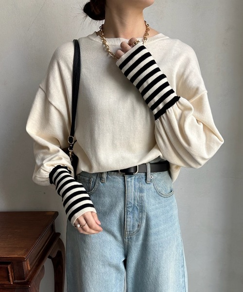DouDou(ドゥドゥ)の「【WEB限定】 袖ボーダーパフスリーブニット(ニット/セーター・レディース・ブラック/オフホワイト・FREE)」の5枚目の写真