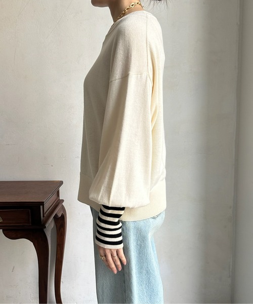 DouDou(ドゥドゥ)の「【WEB限定】 袖ボーダーパフスリーブニット(ニット/セーター・レディース・ブラック/オフホワイト・FREE)」の10枚目の写真