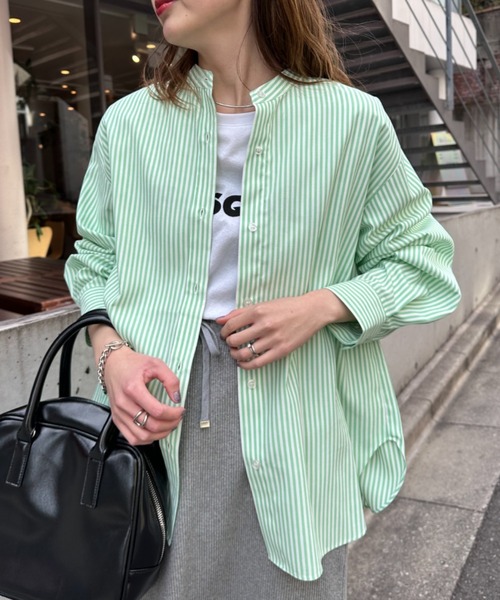 CIAOPANIC TYPY(チャオパニックティピー)の「コットンライクバンドカラー袖ボリュームストライプシャツ(シャツ/ブラウス・レディース・ネイビー/ミント/ピンク/サックスブルー/オレンジ・ONE SIZE)」の10枚目の写真