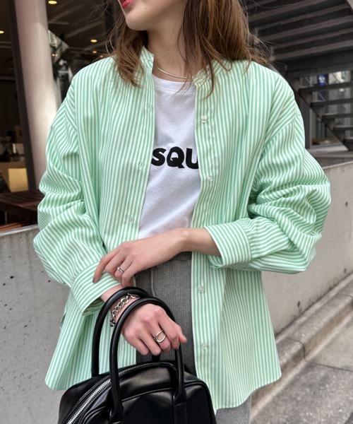 CIAOPANIC TYPY(チャオパニックティピー)の「コットンライクバンドカラー袖ボリュームストライプシャツ(シャツ/ブラウス・レディース・ネイビー/ミント/ピンク/サックスブルー/オレンジ・ONE SIZE)」の12枚目の写真