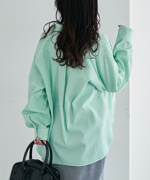 CIAOPANIC TYPY(チャオパニックティピー)の「コットンライクバンドカラー袖ボリュームストライプシャツ(シャツ/ブラウス・レディース・ネイビー/ミント/ピンク/サックスブルー/オレンジ・ONE SIZE)」の8枚目の写真
