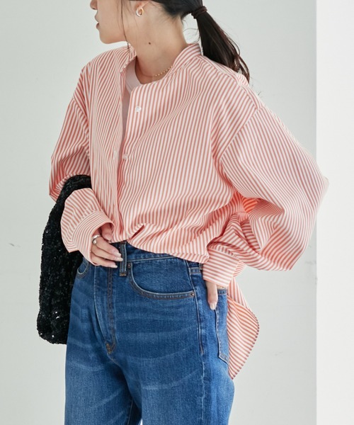 CIAOPANIC TYPY(チャオパニックティピー)の「コットンライクバンドカラー袖ボリュームストライプシャツ(シャツ/ブラウス・レディース・ネイビー/ミント/ピンク/サックスブルー/オレンジ・ONE SIZE)」の21枚目の写真